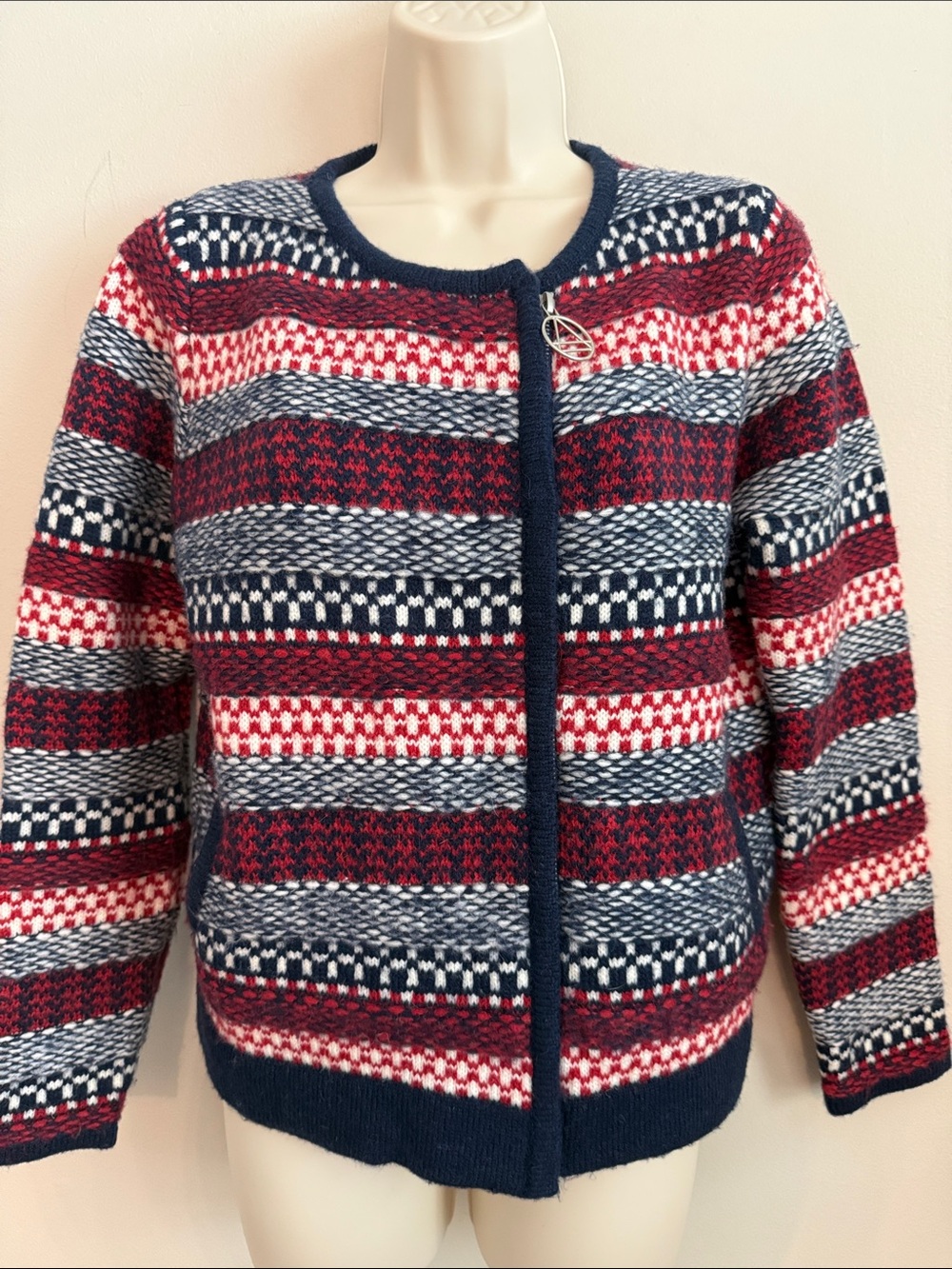 Eleven Paris Red Navy Gray Striped Zip-Front Cardigan